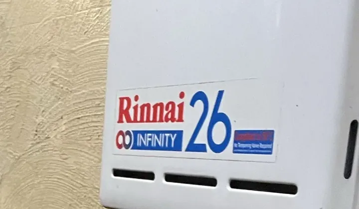 Rinnai Infinity 26 continuous flow unit mounted on a rendered side wall in Hunters Hill