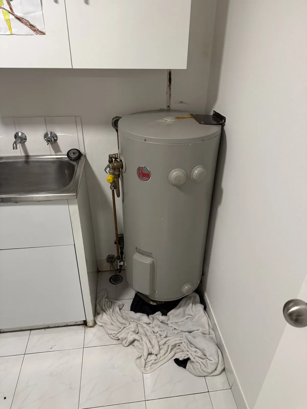 Rheem electric hot water system in a laundry with towels soaking up a leak at its base