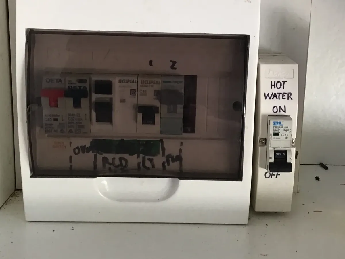 Hot water isolating switch marked on and off beside the switchboard in a cupboard in Campsie