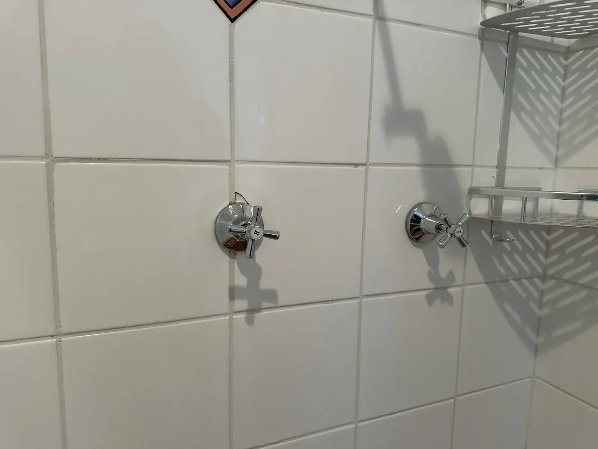 Hot and cold shower taps on a tiled bathroom wall in Lane Cove North