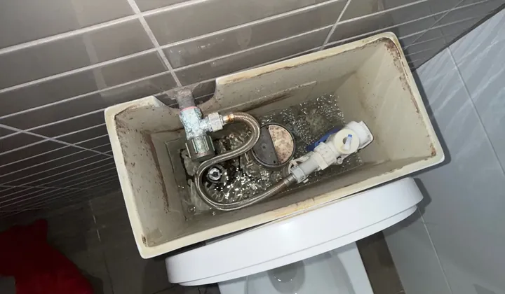 Toilet cistern set into a tiled wall with the lid off showing the inlet valve and hose