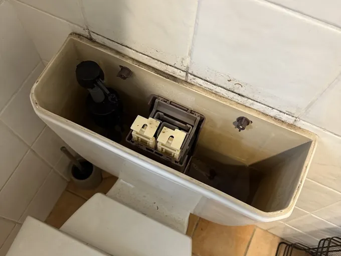 Toilet cistern with the lid off showing the outlet valve and flush button mechanism