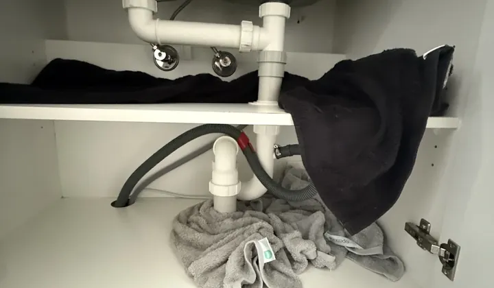 Dishwasher drain hose connected to the trap under a double sink in Spring Farm