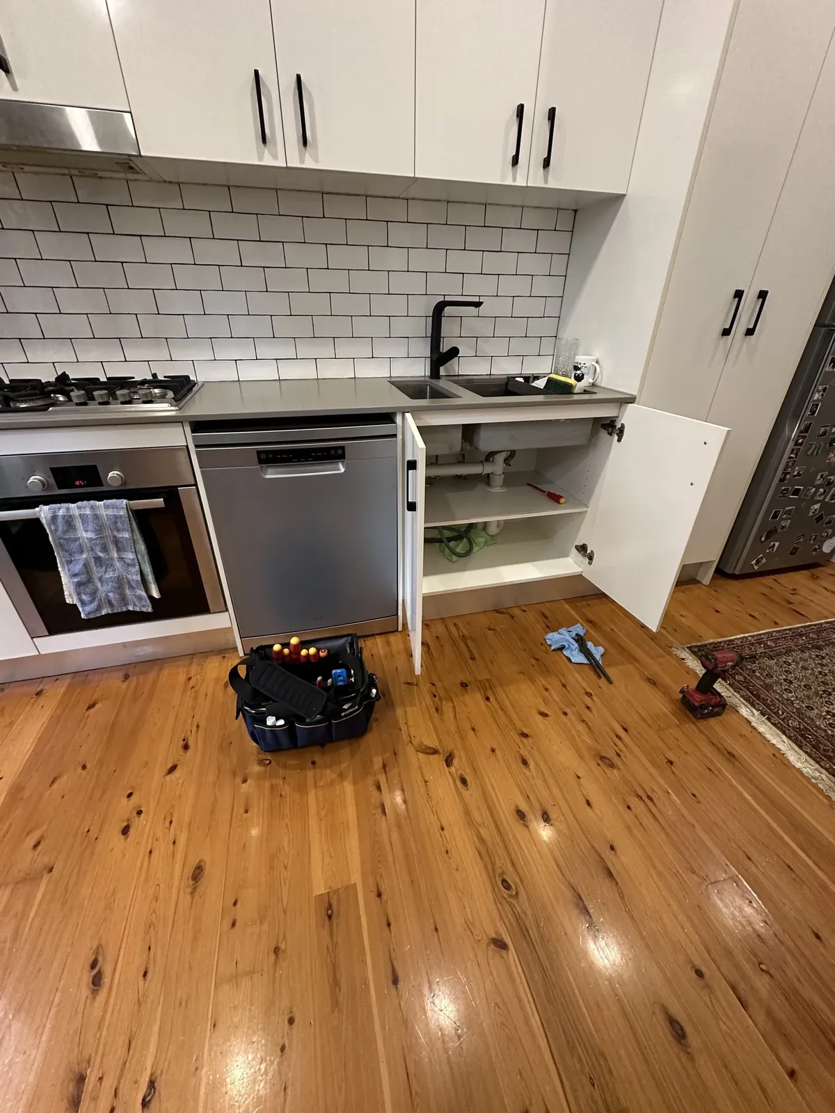Kitchen with a dishwasher fitted beside the open sink cabinet on a Mr Splash job in Woolloomooloo