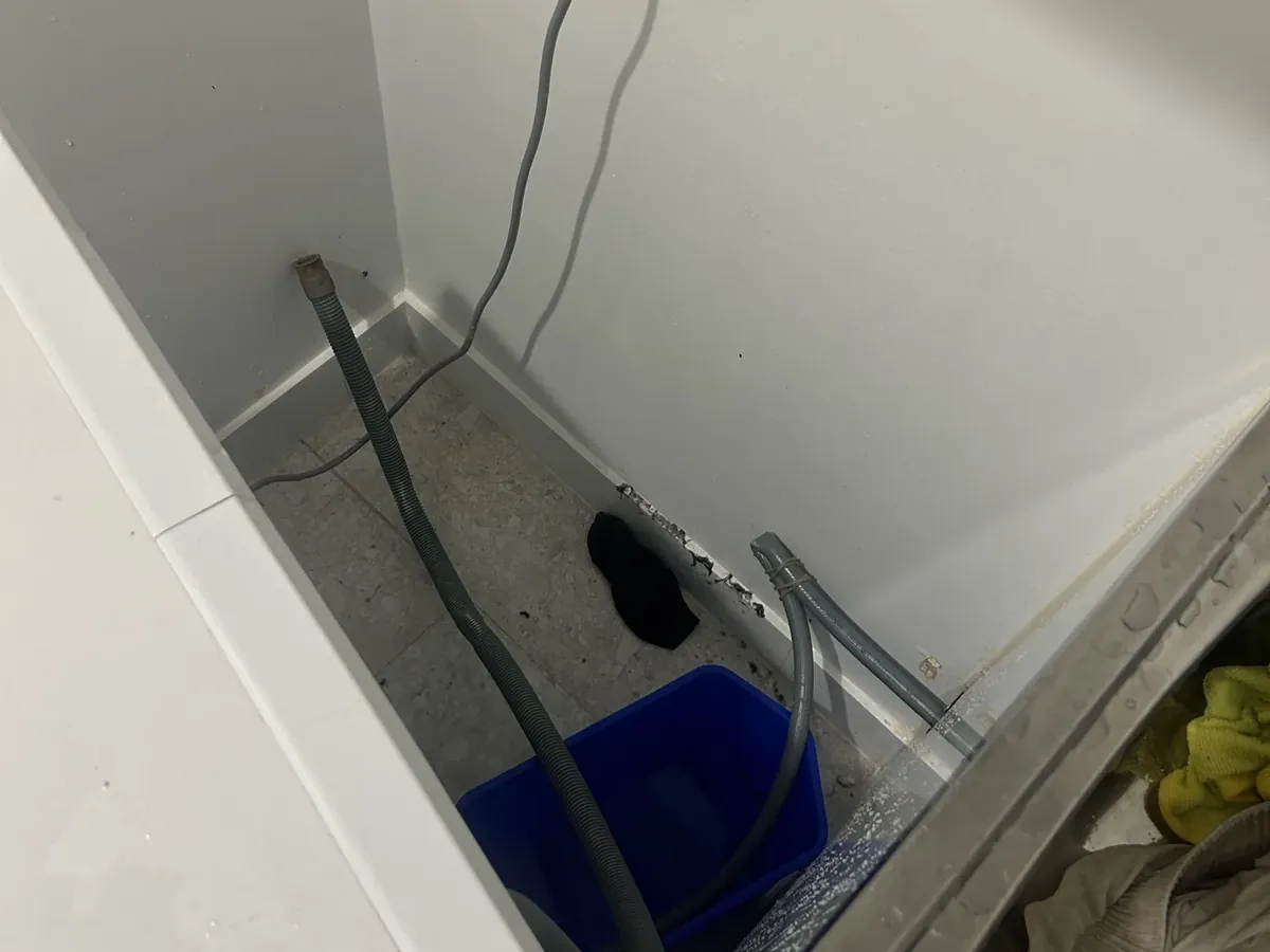 Washing machine hoses and a bucket in the cavity behind a pulled-out machine