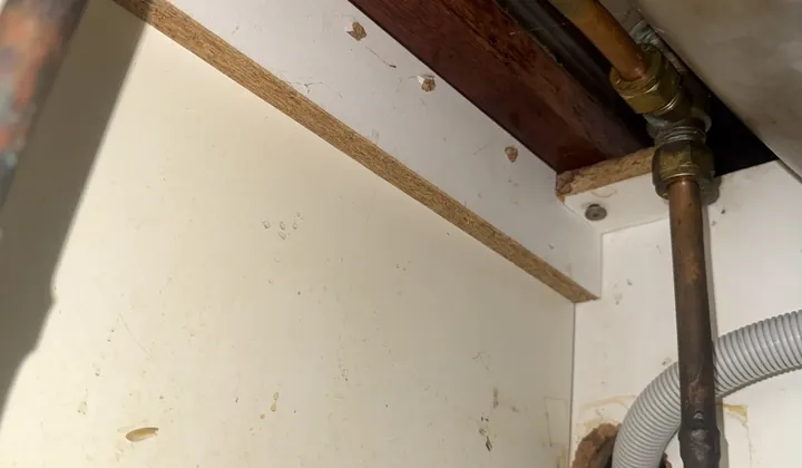 Corroded copper pipe joint under a sink in Greystanes