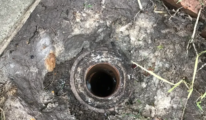 Old clay sewer inspection opening in the ground beside a path in Ermington