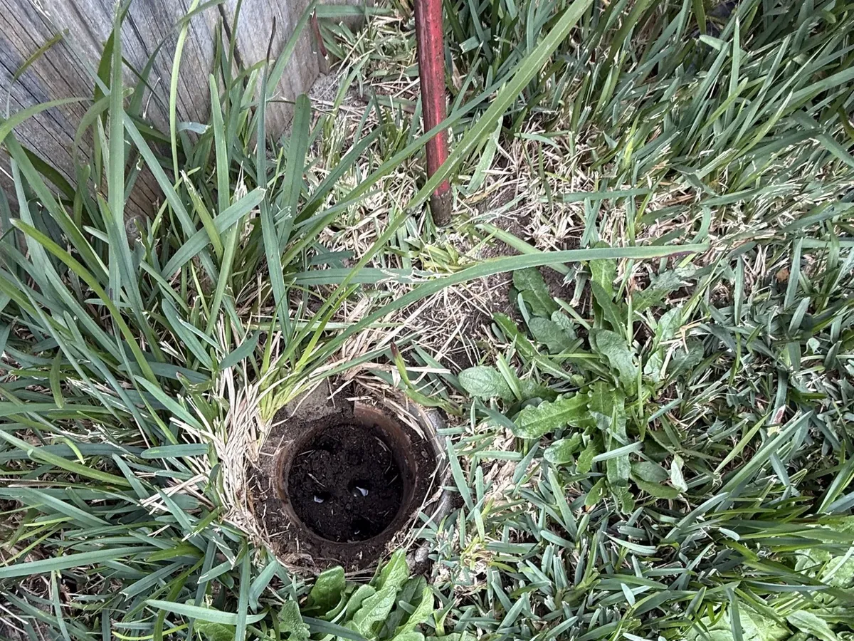 Open drain inspection point in the lawn beside a timber fence in Bexley