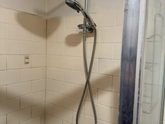 Rail shower and hand shower on a tiled bathroom wall in Narellan Vale