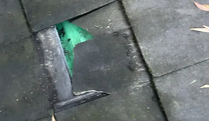 Broken concrete roof tile with the green sarking showing through in Wahroonga