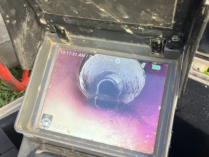 Drain camera monitor showing a clear section of pipe in Cartwright