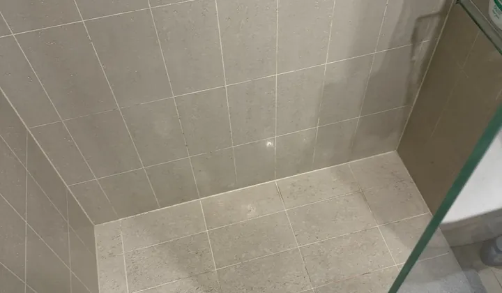 Tiled shower recess with a strip drain and glass screen