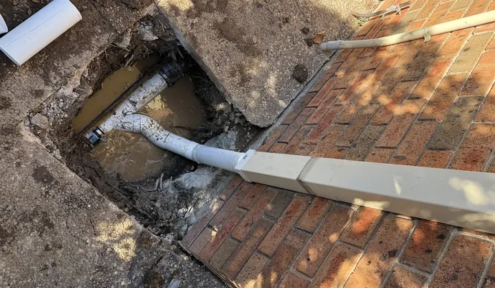 Downpipe joined into a new storm water line in an excavated hole beside a brick path in Ingleburn