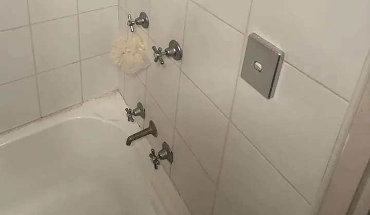 Bath and shower taps on a white tiled wall above the bath in Auburn