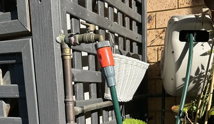 Two garden taps with hose fittings on a timber screen beside a house in Greenacre