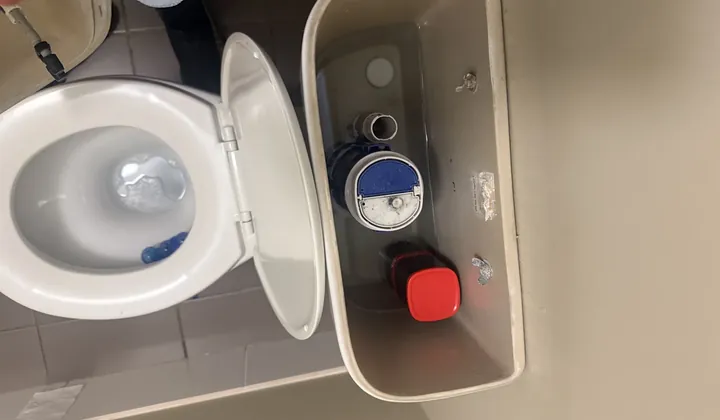 Toilet cistern open, showing the inlet and flush valves