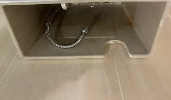 Empty toilet cistern with only its braided water hose connected in Newington