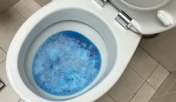 Blue water and foam sitting high in a toilet bowl in Lugarno