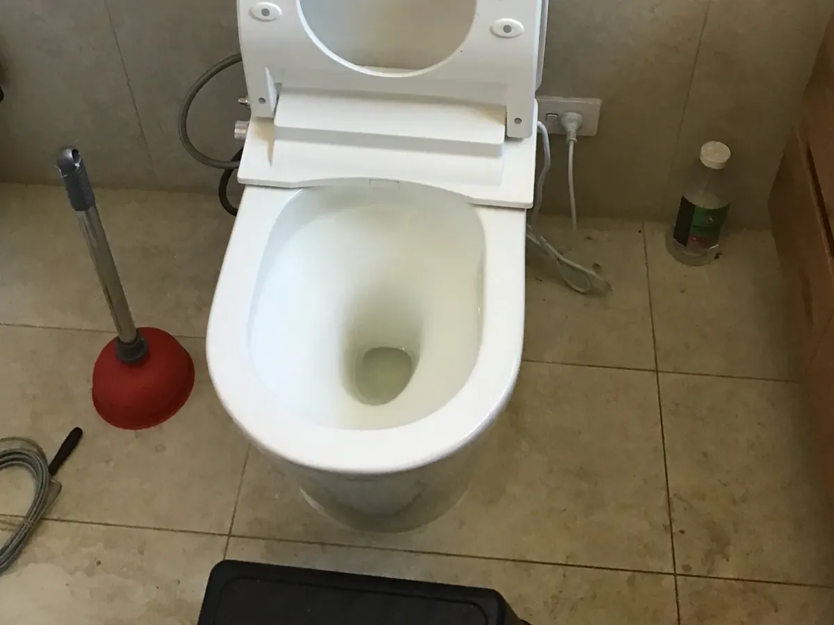 Toilet with a plunger and a hand drain auger on the floor beside it in Mascot