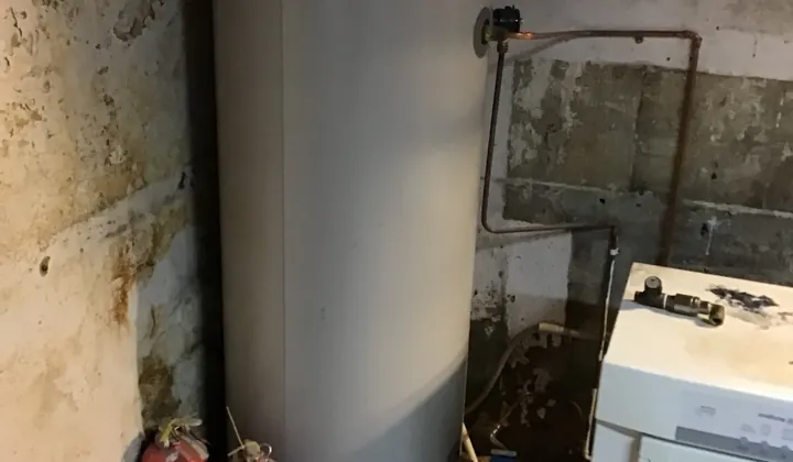 Tall hot water tank with copper pipes beside a dryer in an older laundry in Surry Hills