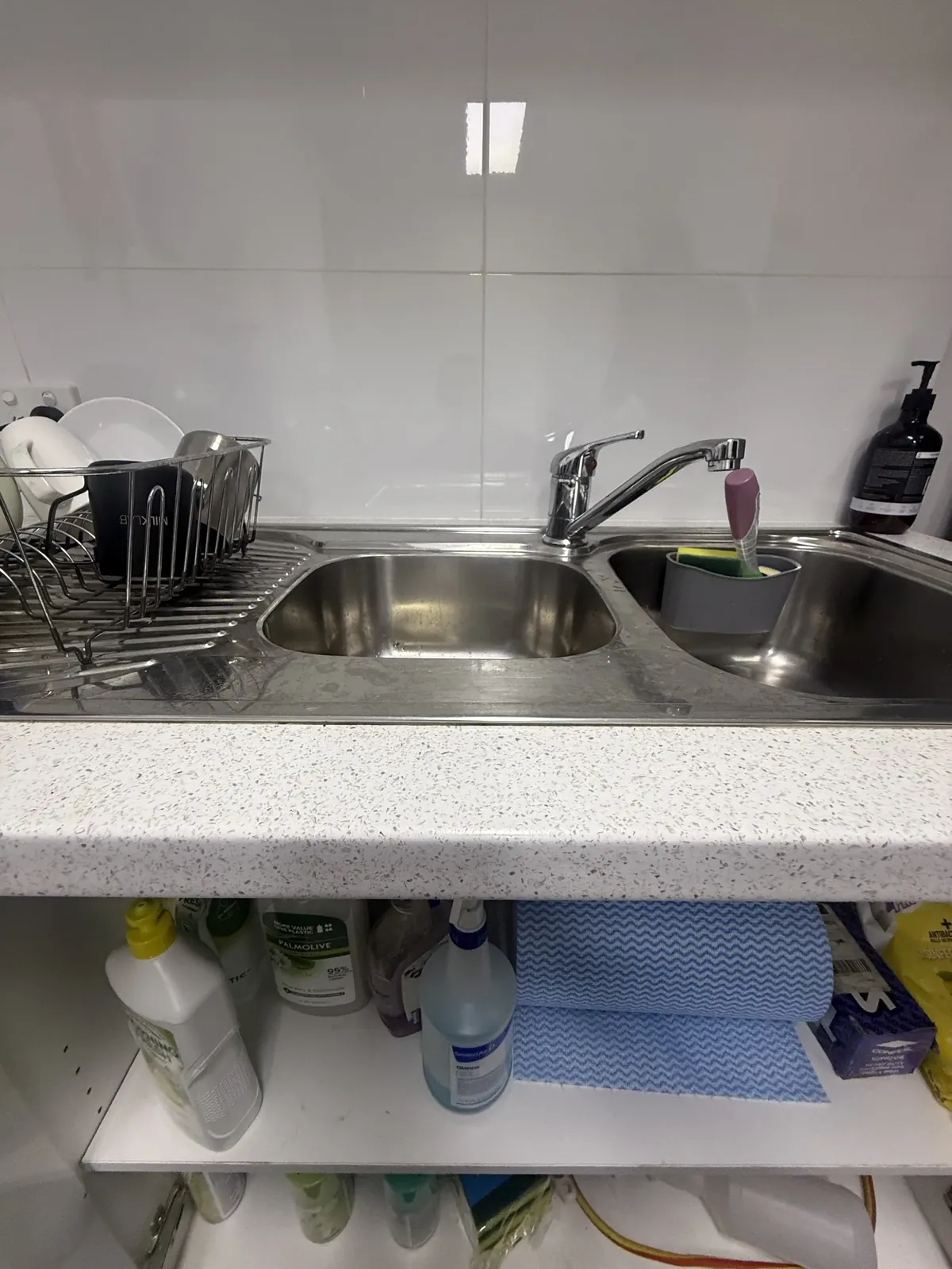 Double kitchen sink with a mixer tap and dish rack in Gregory Hills