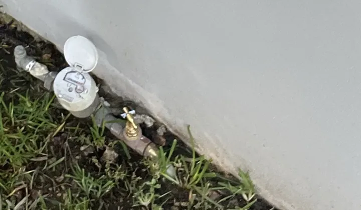 Water meter and brass meter tap at the base of a white front wall in Riverwood