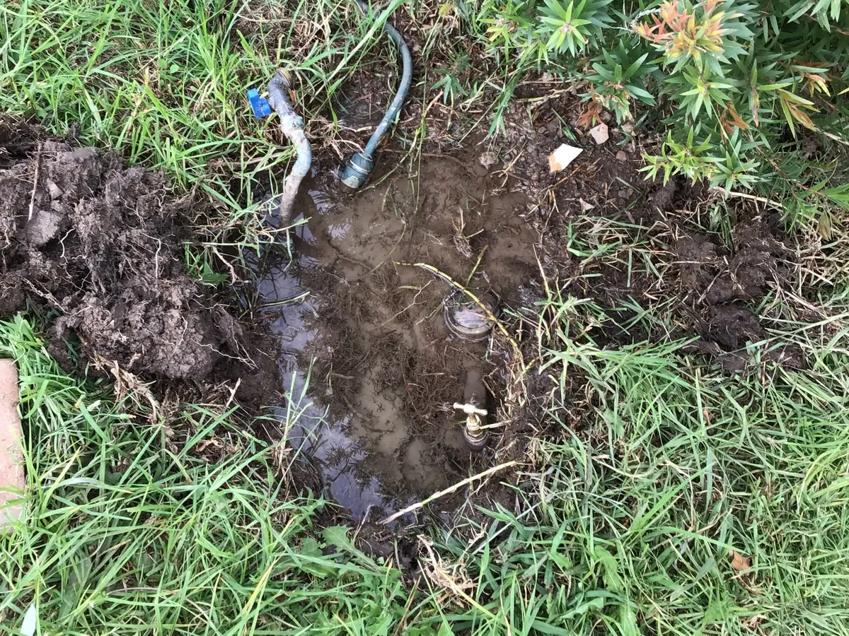 Hole dug in the lawn beside a leaking pipe and its fittings, filling with water in Ambarvale