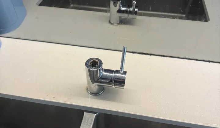Chrome kitchen mixer on a stone benchtop above a double sink in Mascot