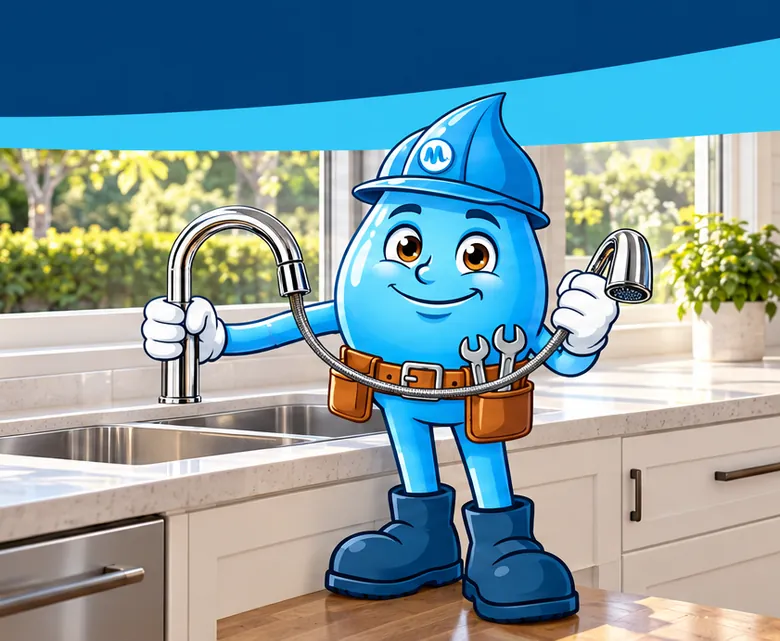 Plumbing mascot Splashy fitting a new kitchen mixer tap