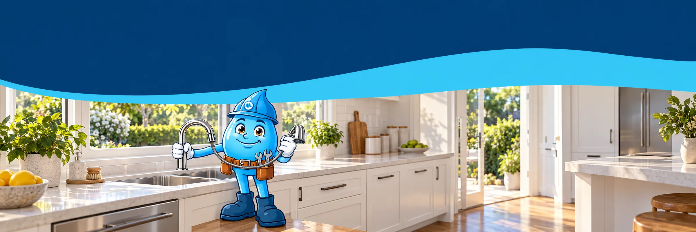 Splashy the Mr Splash mascot showing a newly fitted pull-out kitchen mixer tap in a white kitchen