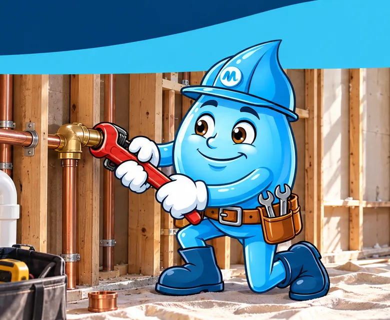 Plumbing mascot Splashy doing a kitchen rough-in