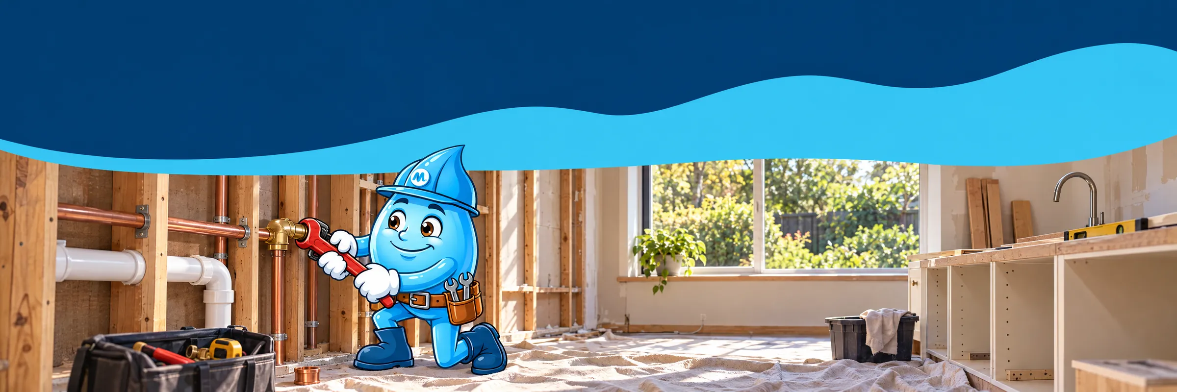 Splashy the Mr Splash mascot fitting a brass elbow to new copper pipes in a Sydney kitchen renovation