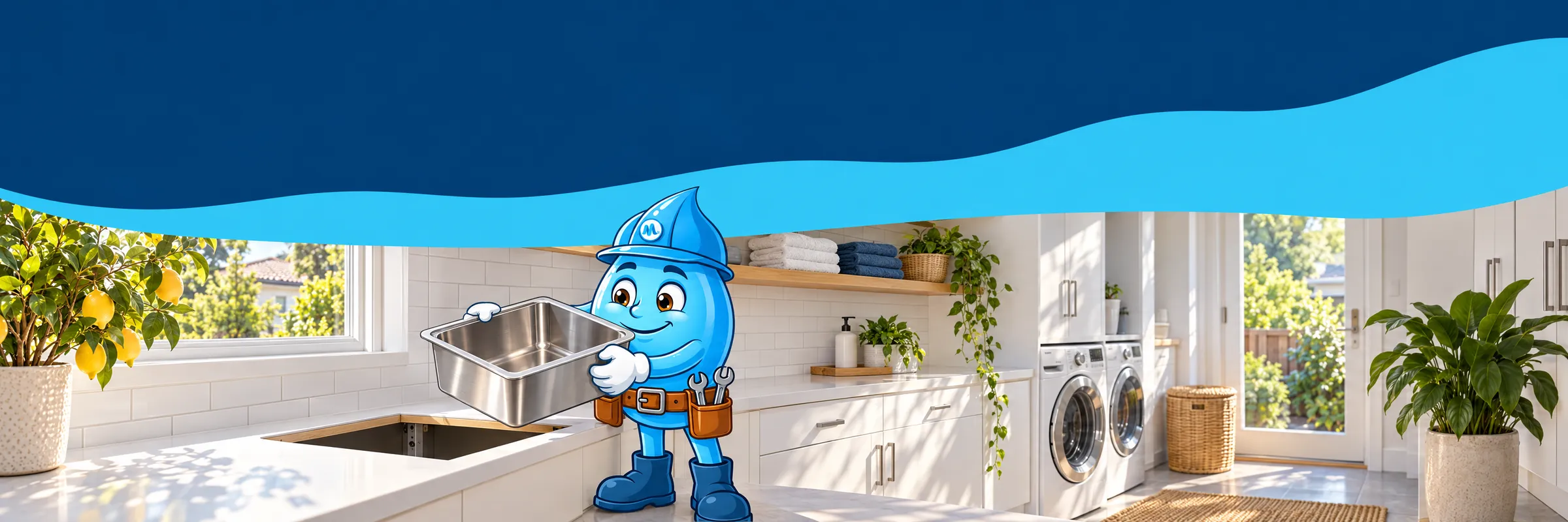 Splashy the Mr Splash mascot lowering a new stainless steel tub into a renovated laundry bench