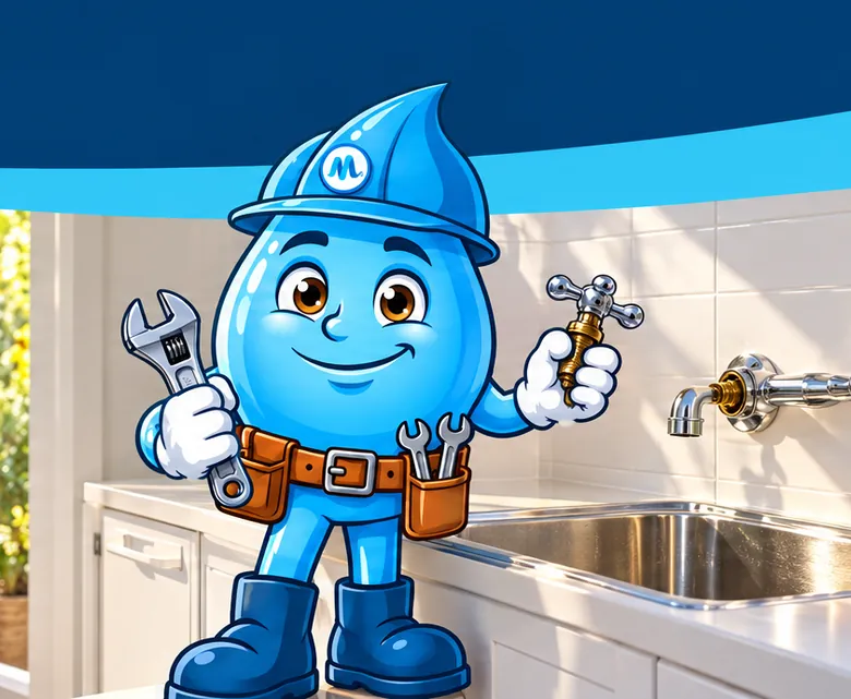 Plumbing mascot Splashy repairing a leaking laundry tap
