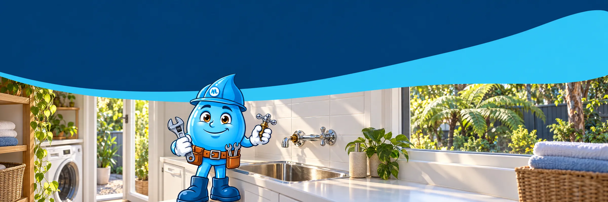 Splashy the Mr Splash mascot holding a removed tap handle and spindle and a spanner beside a laundry tub