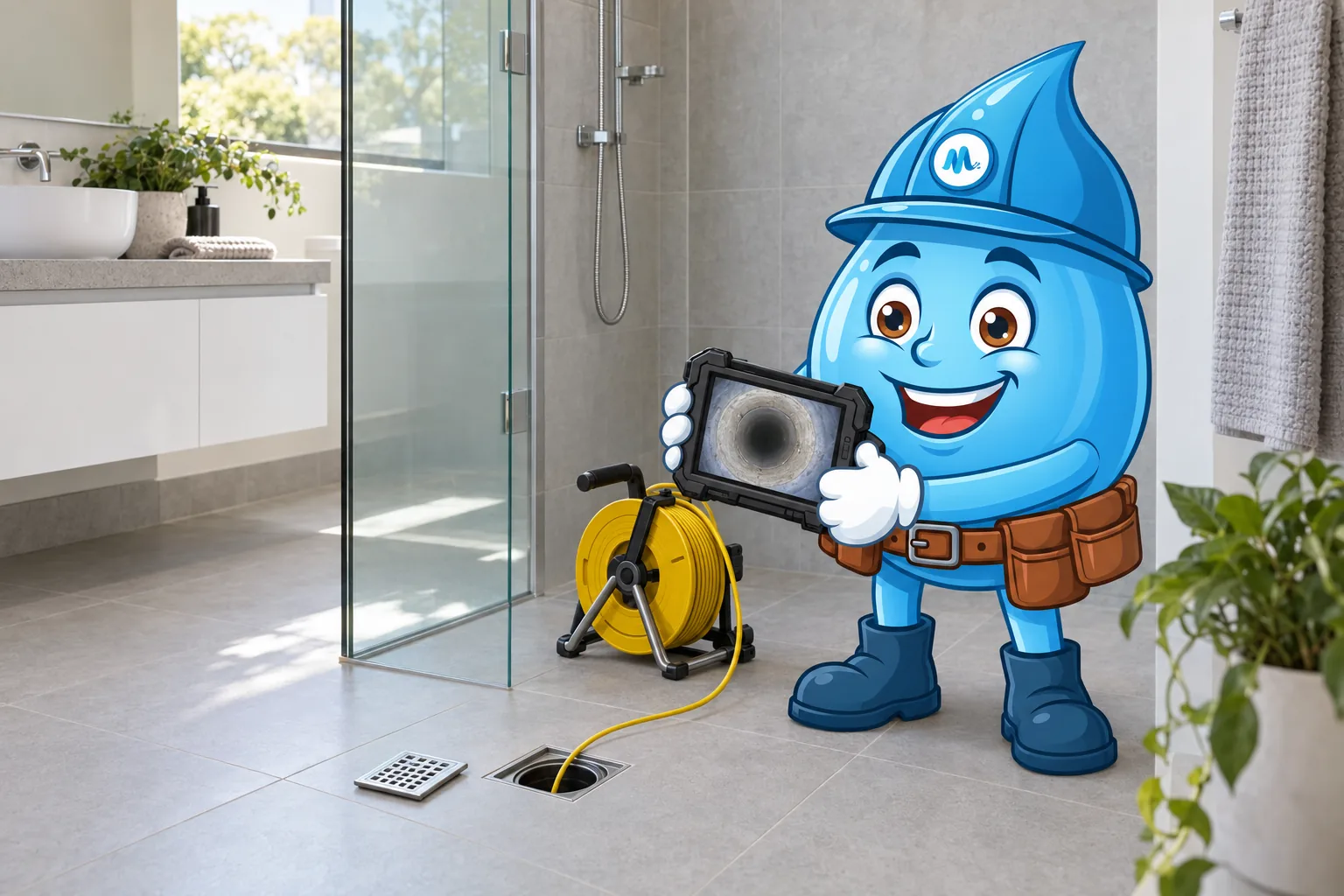 Splashy holding a drain camera monitor beside an open shower floor waste