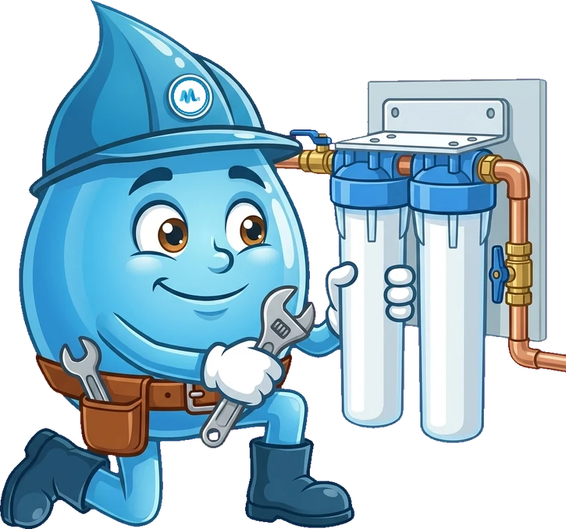 Splashy kneeling beside a twin water filter with a spanner