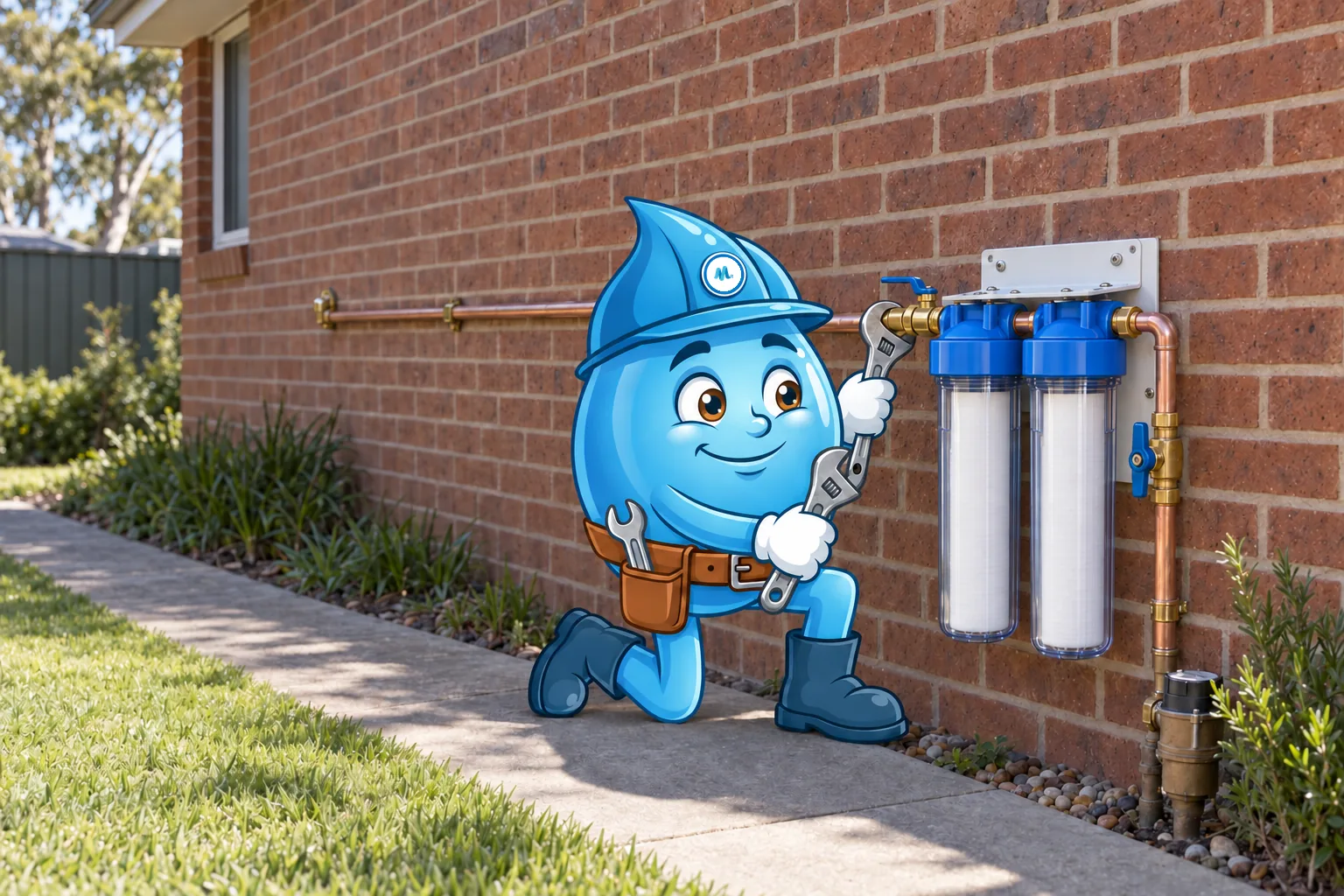 Splashy fitting a whole house water filter on the brick wall of a Sydney home