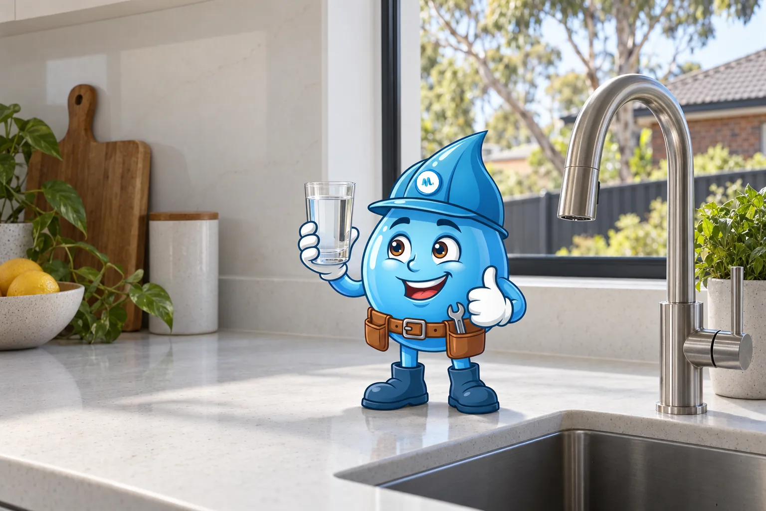 Splashy on a kitchen bench holding up a glass of clear water