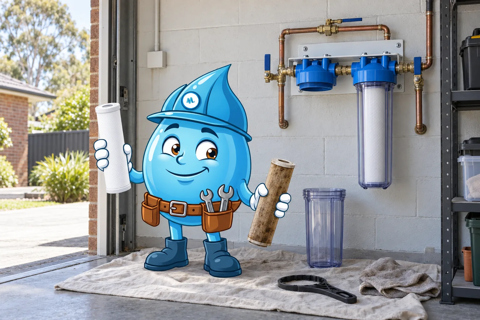 Splashy holding a new filter cartridge beside a used one