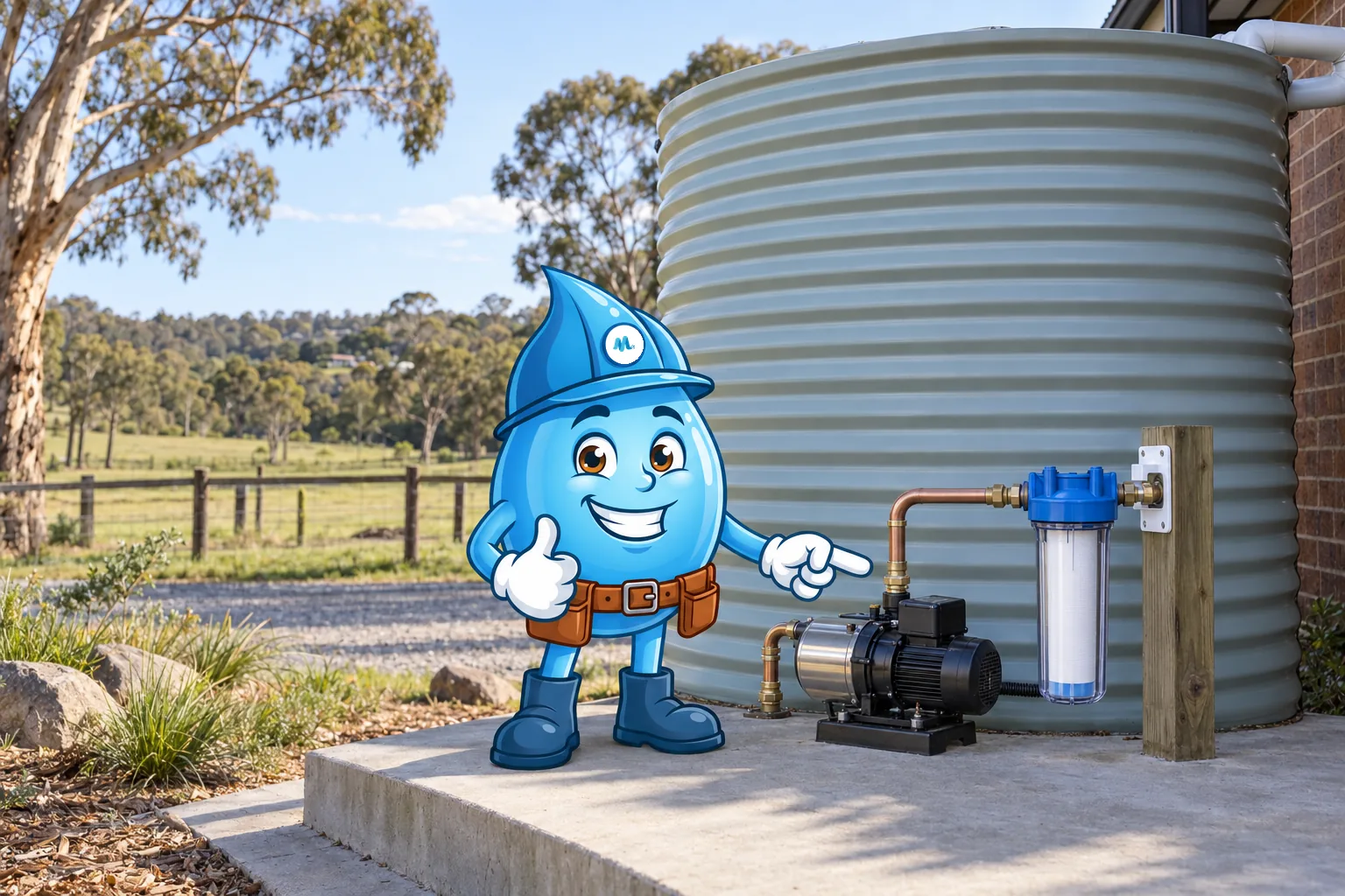 Splashy pointing at a filter on a rainwater tank outlet