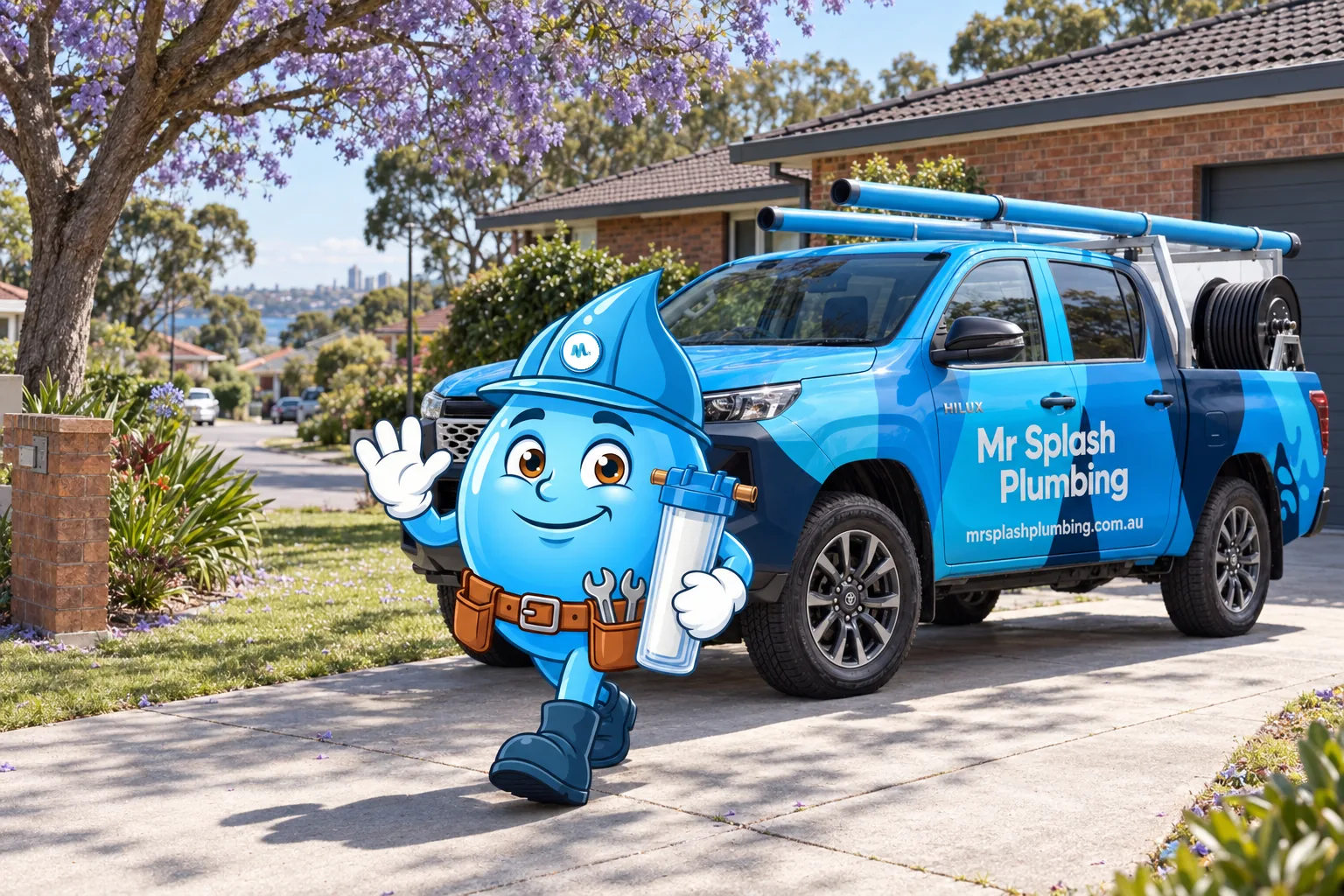 Splashy carrying a filter housing up the driveway past the Mr Splash ute