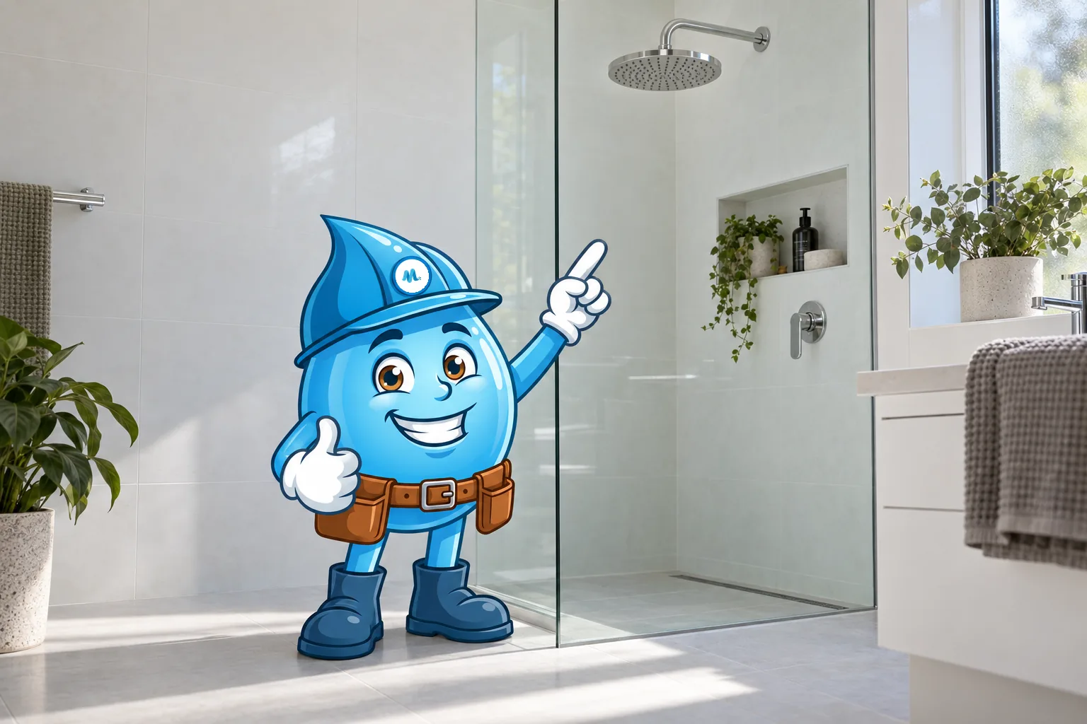 Splashy pointing at a rain shower head in a Sydney bathroom