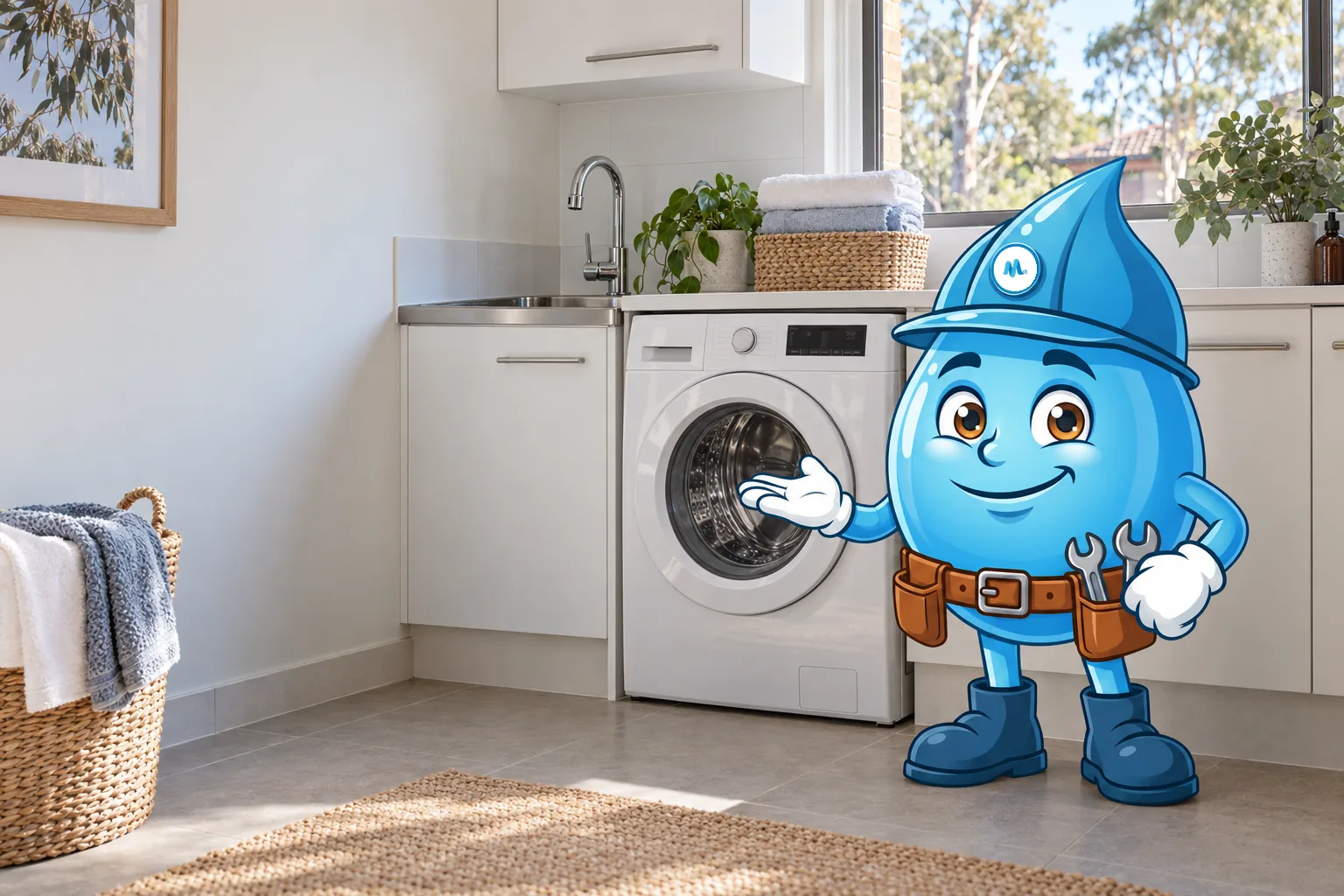 Splashy beside a washing machine and laundry tub