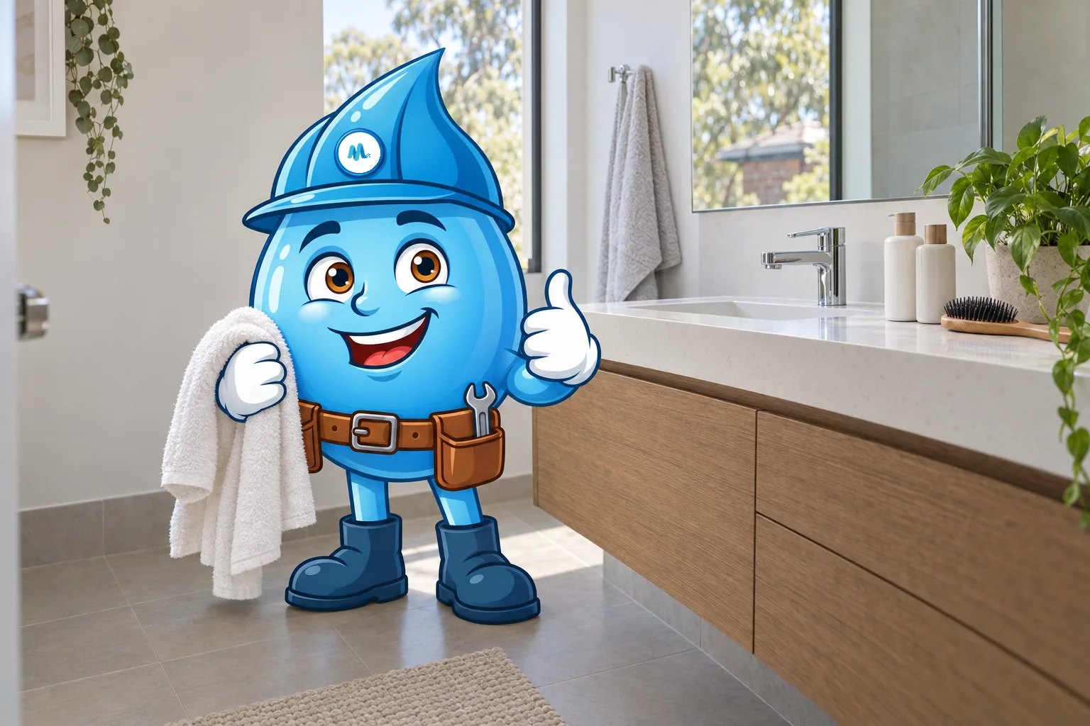 Splashy with a towel over his shoulder beside a bathroom vanity