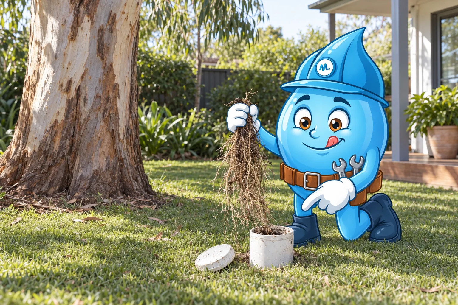 Splashy kneeling at an open sewer riser, holding up tree roots pulled from the pipe