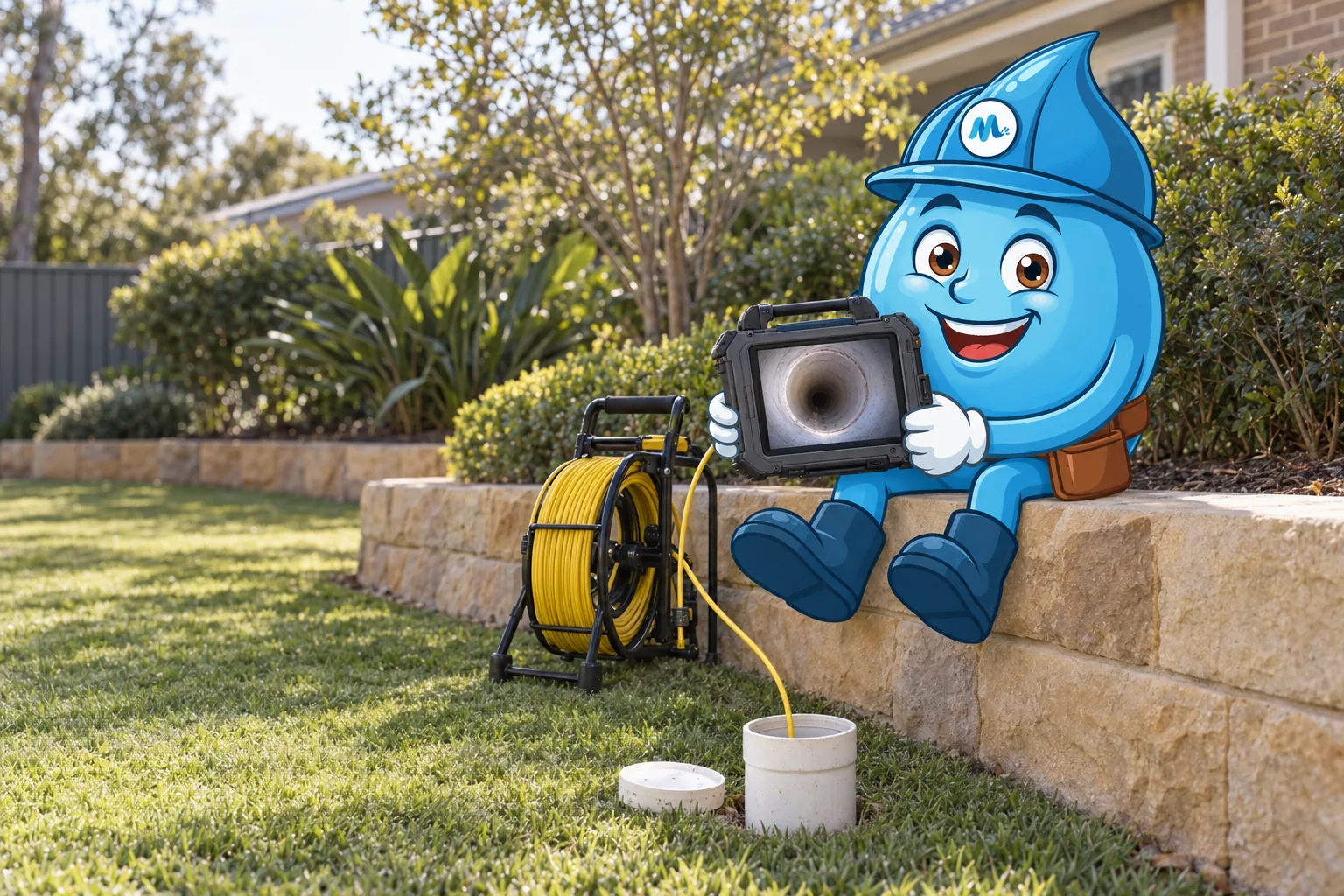Splashy sitting on a garden wall with a drain camera monitor showing the clean pipe
