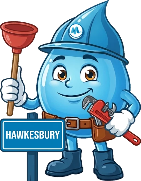 Splashy, the Mr Splash mascot, with a plunger and a pipe wrench beside a Hawkesbury sign