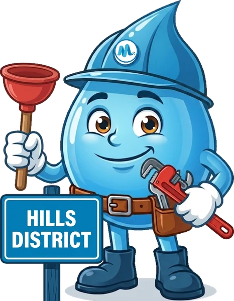 Splashy, the Mr Splash mascot, with a plunger and a pipe wrench beside a Hills District sign