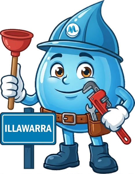 Splashy, the Mr Splash mascot, with a plunger and a pipe wrench beside an Illawarra sign